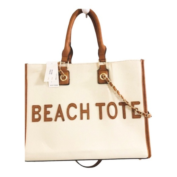Cee Klein canvas brown trim gold chain strap crossbody‎ ‘beach tote’ tote bag - Picture 4 of 16
